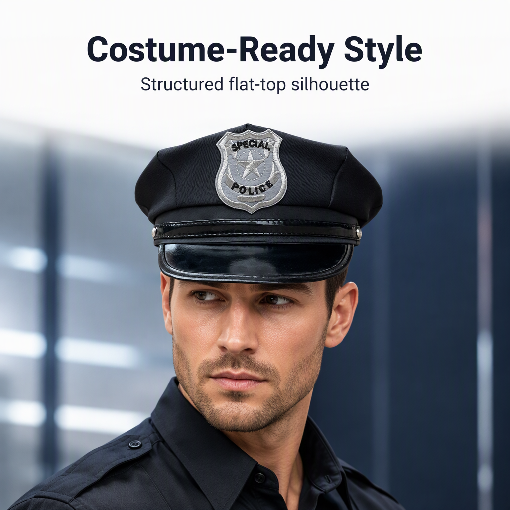 Policejní čepice pro dospělé, prezentace na modelovi, prodyšný polyester