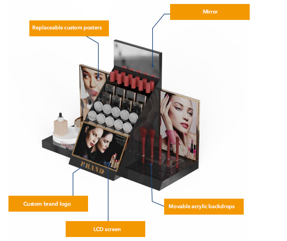 YIIAO Velkoobchodní akrylové rekvizity na vystavení kosmetiky s držákem na rtěnku pro make-up Palette Island Beauty Stores Mall