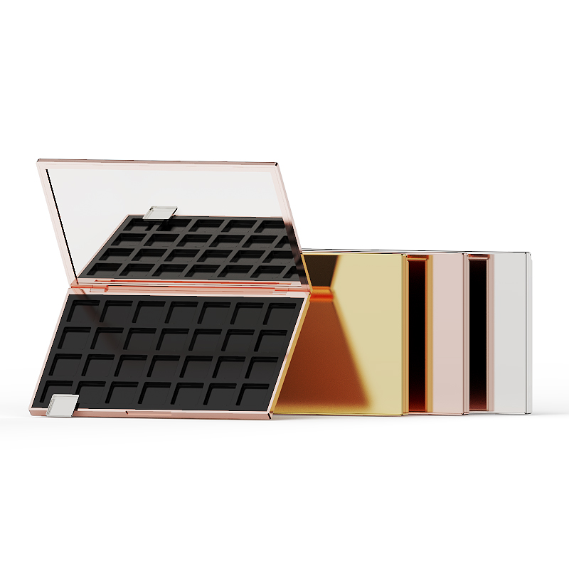 Choebe Custom 24 Grid Rectangle Prázdná paleta očních stínů Zrcadlové víko Zlatá chromovaná skořepina Kosmetické balení Velkoobchod OEM