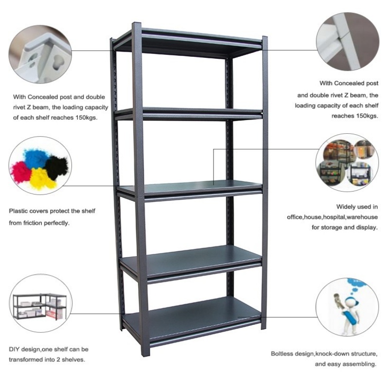 Kovový těžký ocelový průmyslový supermarket bezšroubový stojan na displeje, černý sklad, skladovací regál, police, ekologické