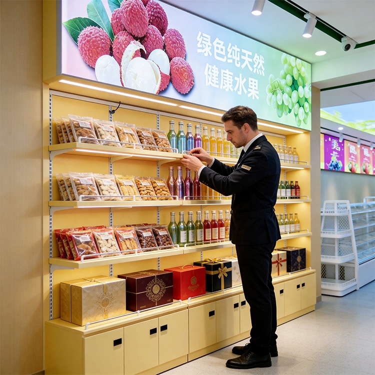 Moderní ekologický regál z těžkého kovu a dřeva pro supermarkety, skladovací regály pro potraviny a obchody s potravinami