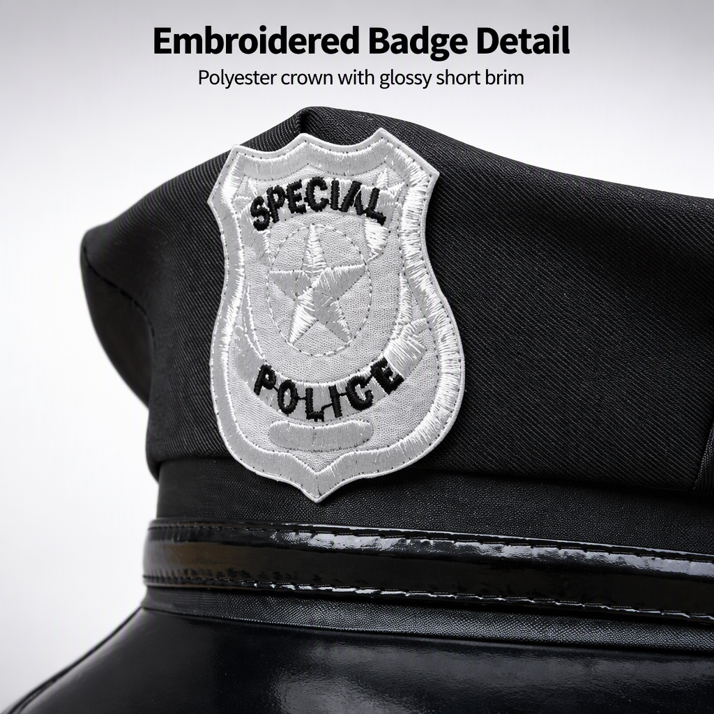 Detailní záběr policejní čepice, materiál a zpracování