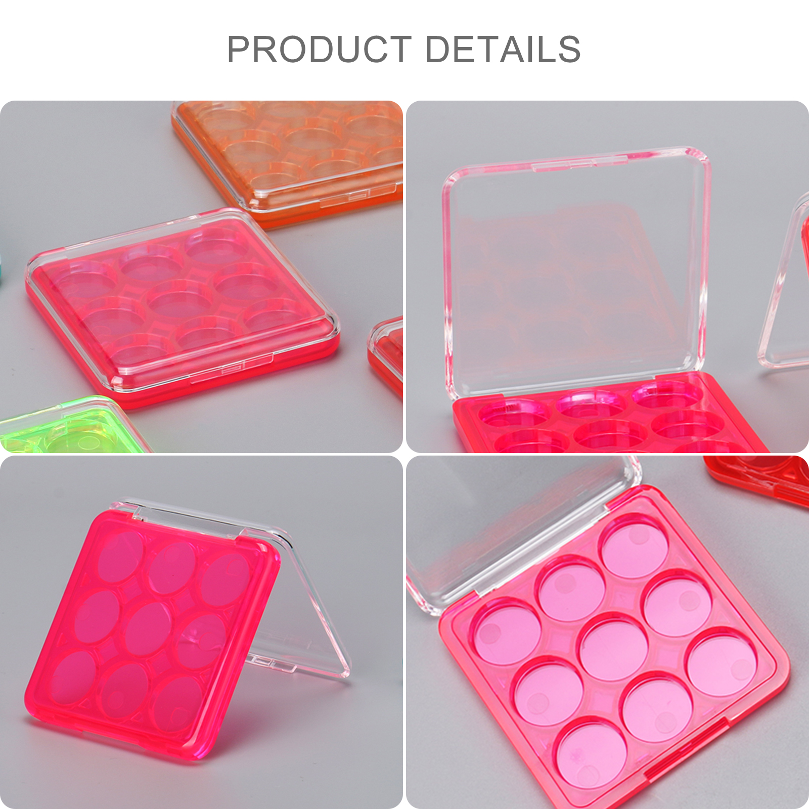 OEM/ODM Vlastní logo Transparentní 9barevné pigmentované oční stíny Prázdná paleta Luxusní pouzdro na balení pro make-up nástroje