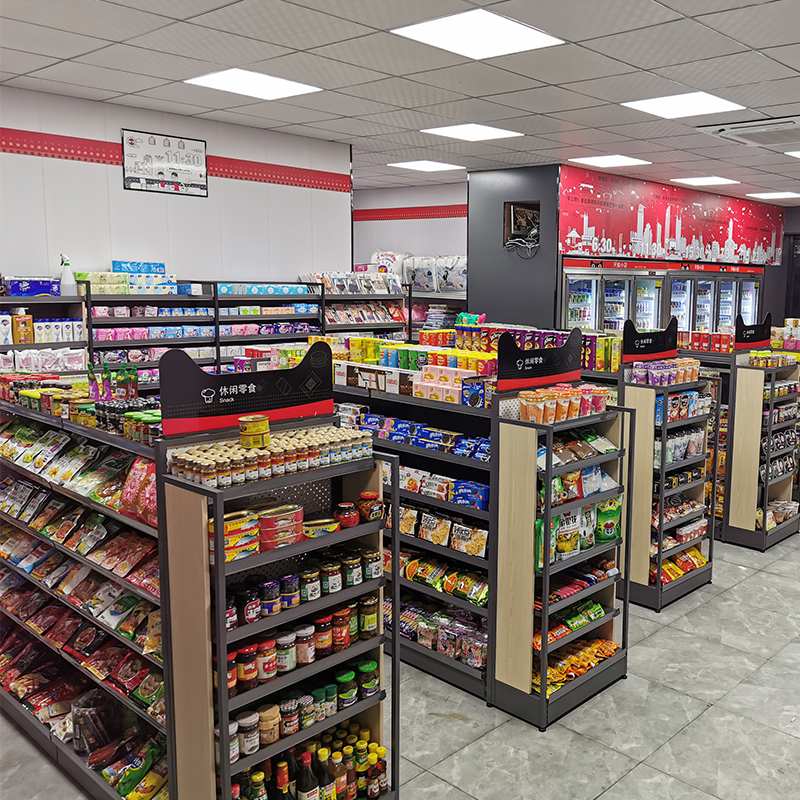 Ocelová dřevěná rohová vitrína pro těžký provoz v supermarketu, maloobchodní prodejna s úhlovým připojením, skladovací regál pro potraviny